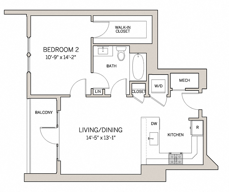 Floor plan for 1 bed, 1 bath, 755 sqft
